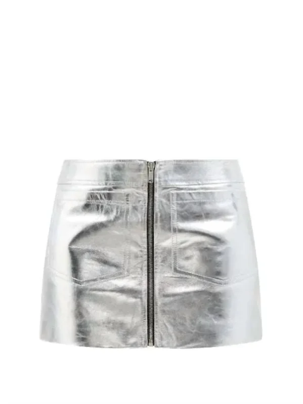 Leather Zip Mini Skirt In Silver