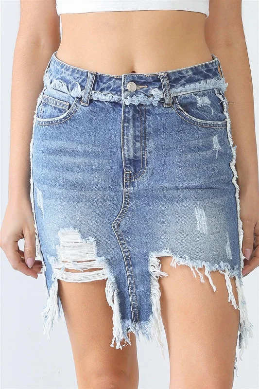 Denim Five Pocket Trim Torn Hem High Waist Mini Skirt