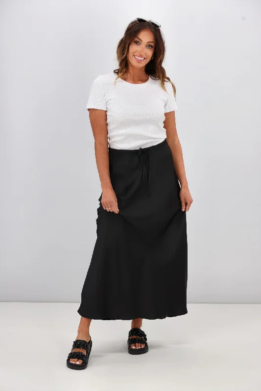 Shine On Label Hazel Satin Midi Skirt Black