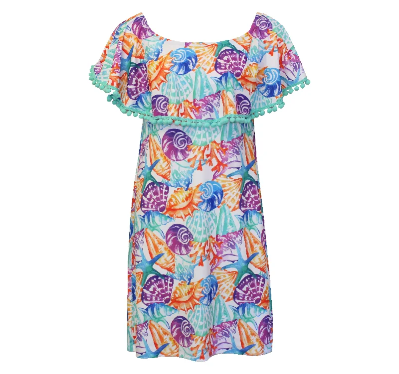 Island Trends Zoey Dress with Pompoms on Ruffle Neck - Printed Shells