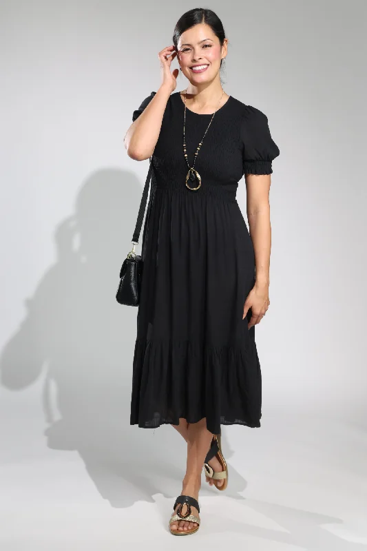 Midi Dress with shirred bodice | Black | 3305A1