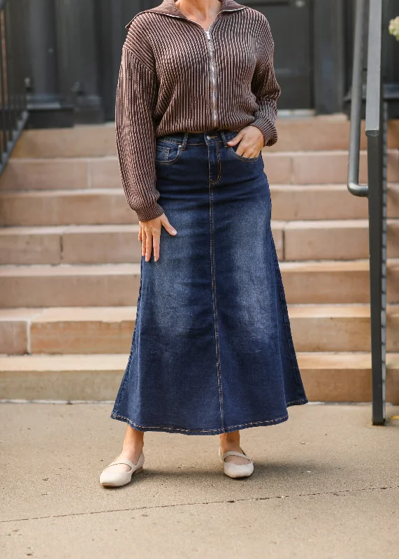 Bethany Dark Wash A-line Long Denim Skirt