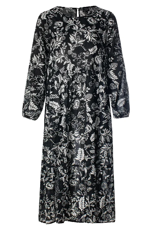 Printed Cotton Rayon Dress | Black Ivory Garden | 6541ZZ