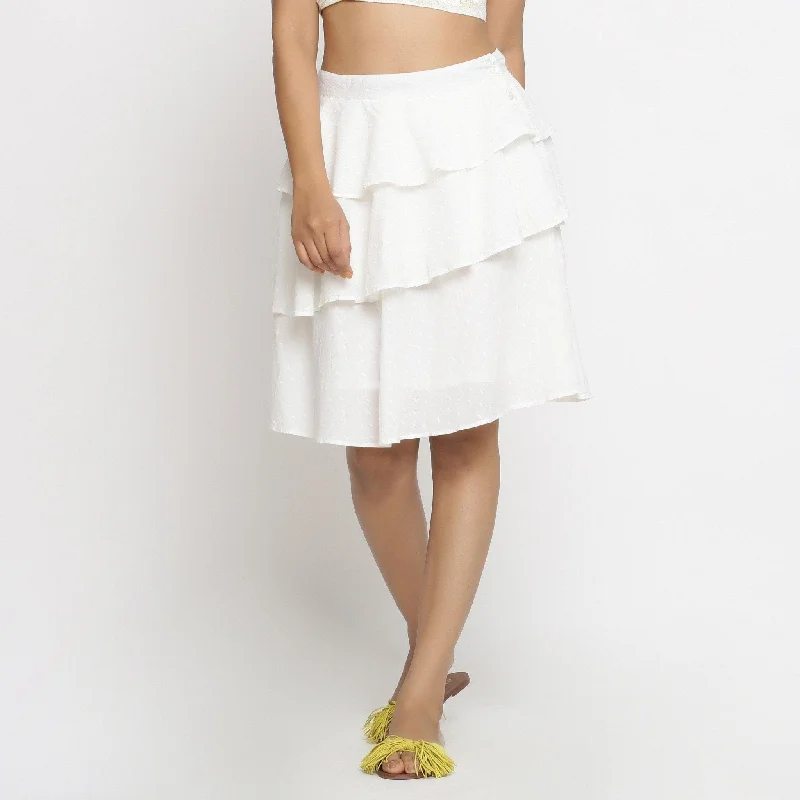 Off-White 100% Cotton Dobby Ruffled Short Skirt