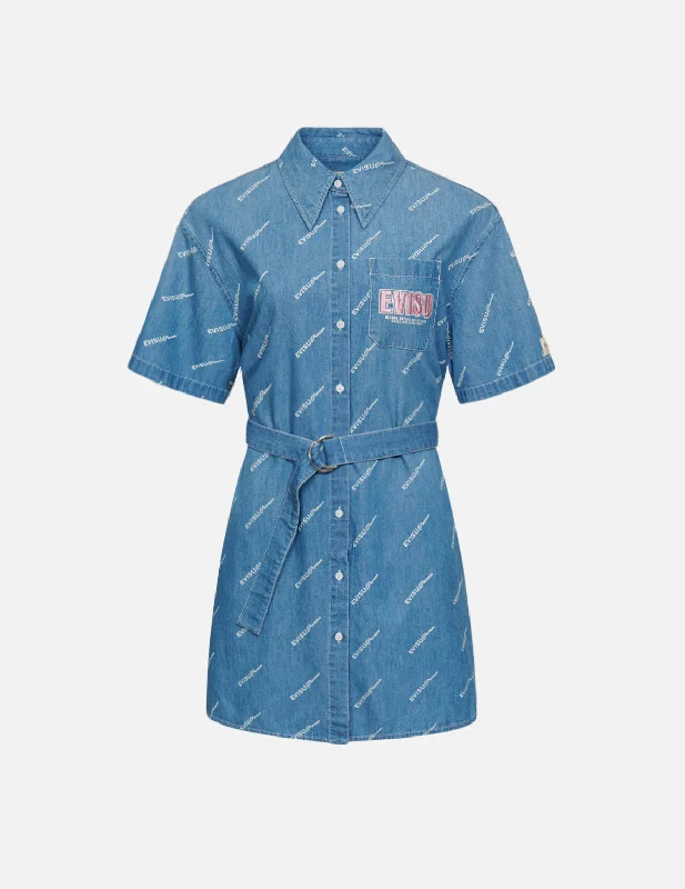 Sake Bottle Embroidered Monogram Denim Shirt Dress