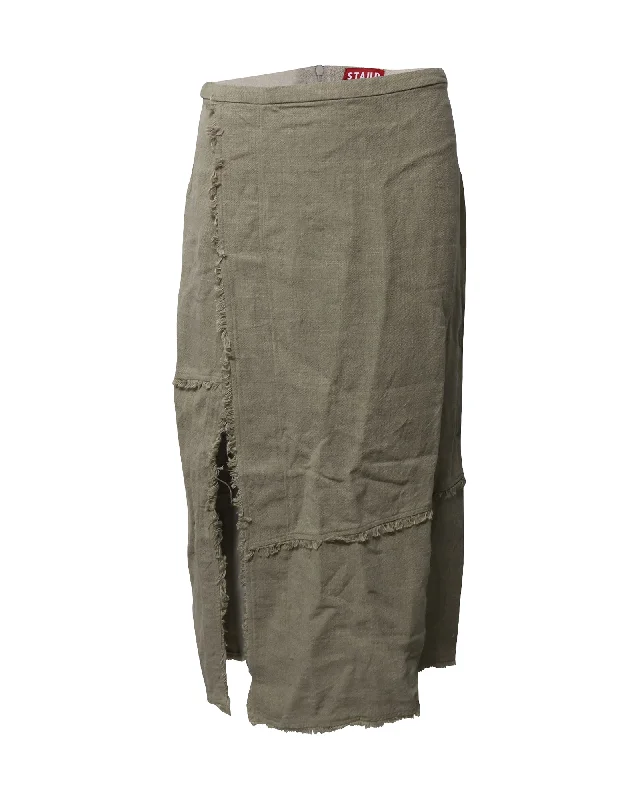 Staud Frayed Midi Skirt in Green Linen