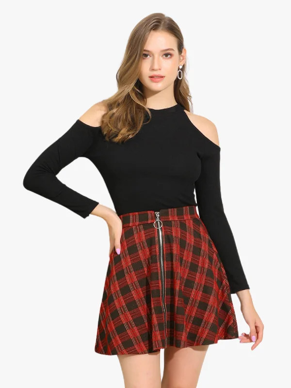 Christmas Plaid Skater Casual Flare Zip-Up Mini Skirt