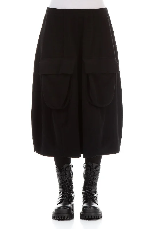 Two Pockets Black Cotton Midi Skirt