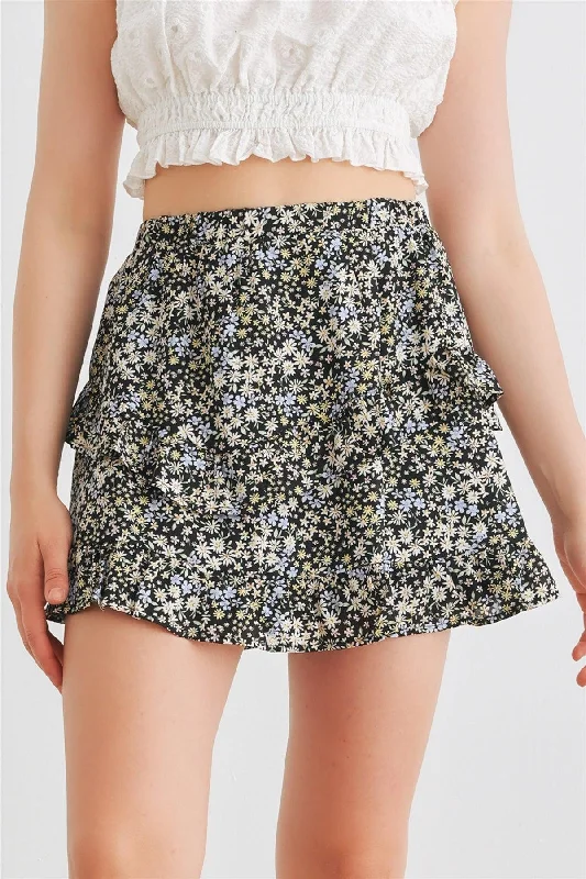 Black Multi Floral High Waist Tiered Mini Skirt /3-2-1