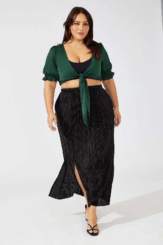 Black Midi Skirt Side Split Plisse