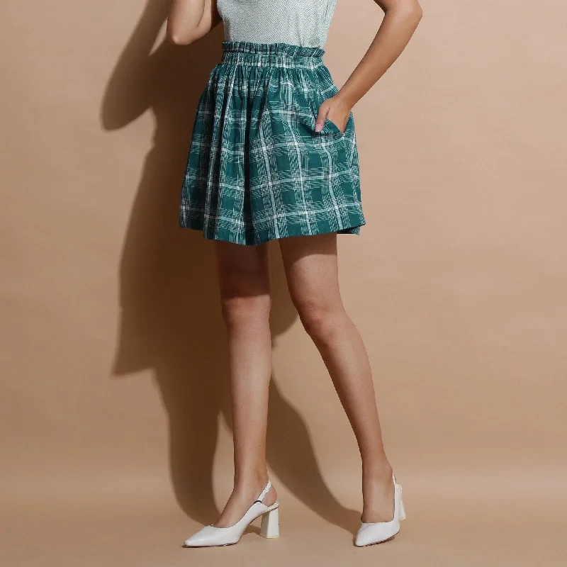 Green Check Handspun Cotton Elasticated Paperbag Short Skirt