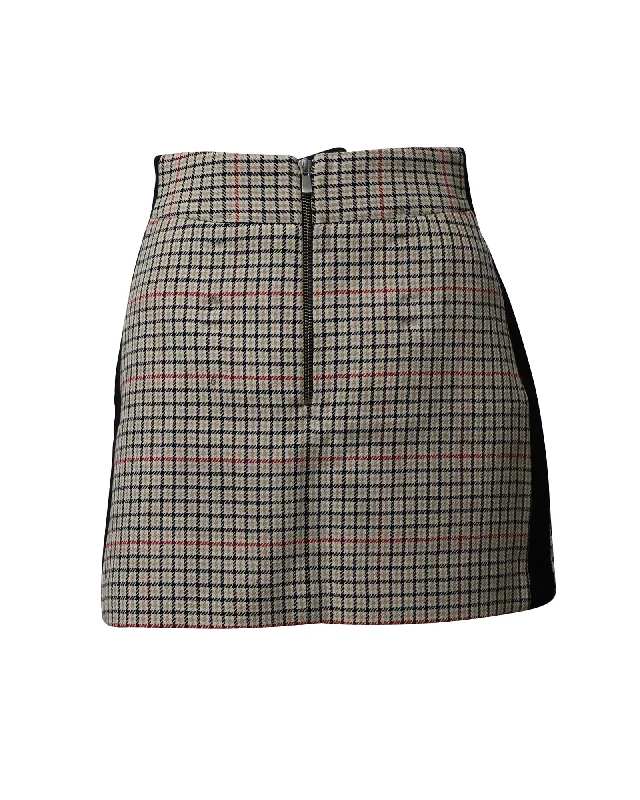 Maje Check Mini Skirt with Black Side Seam Panel in Beige Cotton