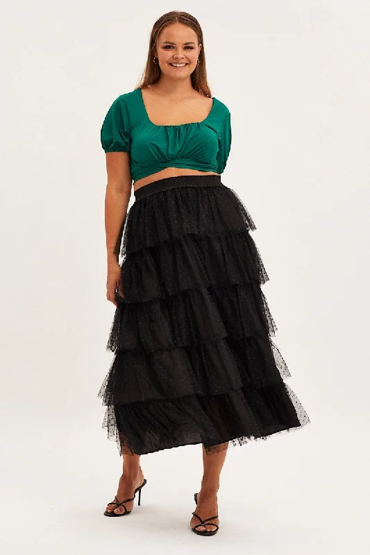 Black Midi Skirt Elastic Waist Mesh Ruffle