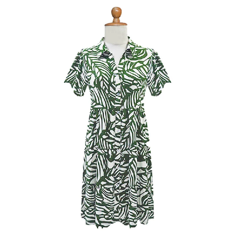 La Mer Luxe Carabella Short Sleeve Dress - Cream/Olive Tropical Leaf