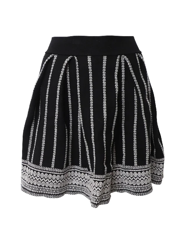 Maje Geomteric Pleated Ribknit Mini Skirt in Black Cotton Blend