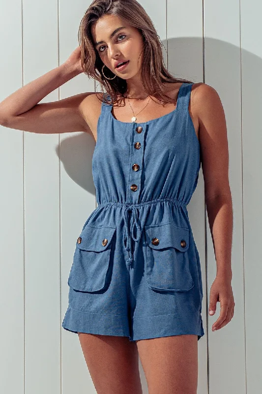 Trend:Notes Women's Dresses Linen Romper Bold Button Detai