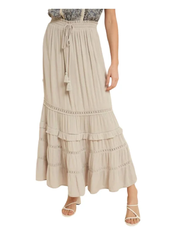 Long Bohemian Lace Detail Skirt In Beige