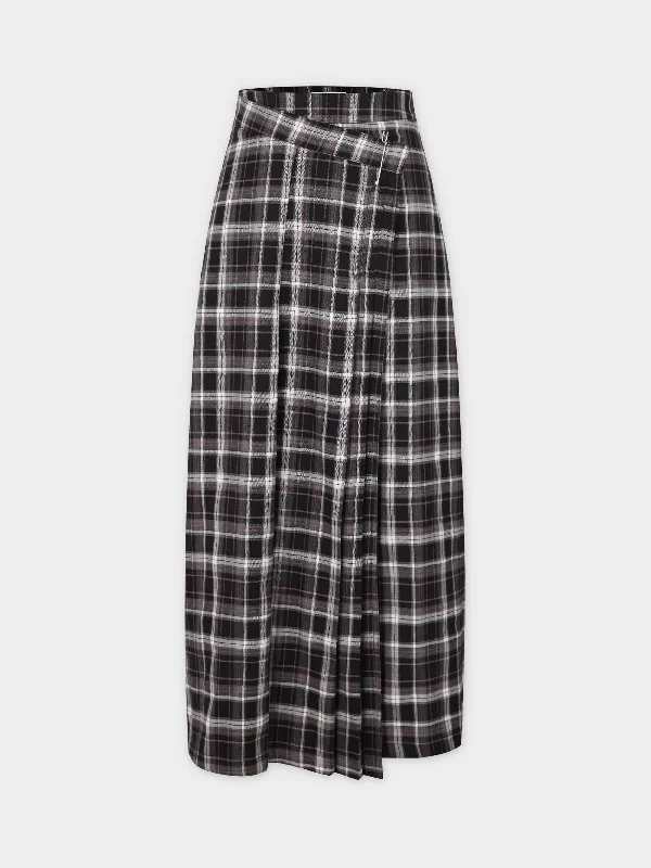 Pin Closure Wrap Skirt-Neutral Plaid