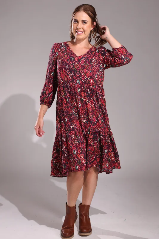 V neck Cotton Rayon Dress | Berry Mosaic | 6543ZZ