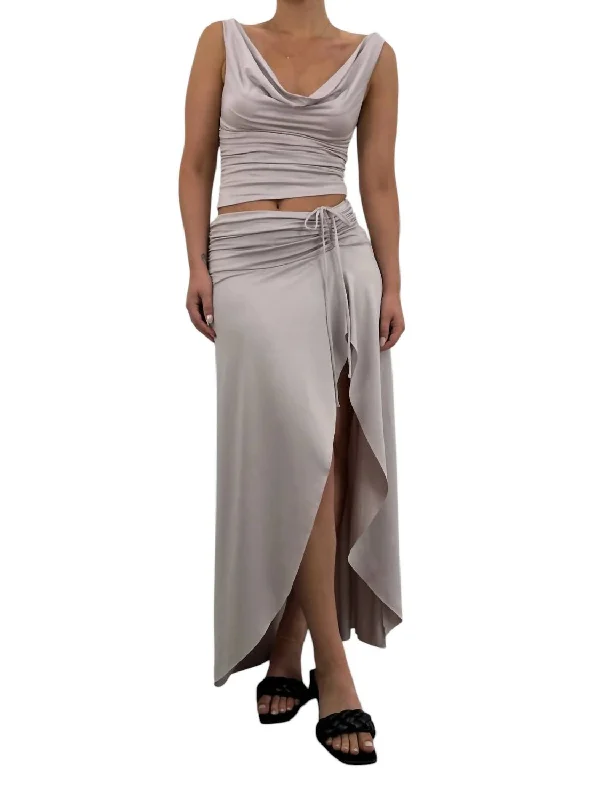 Asymmetrical Ruched Midi Skirt In Taupe