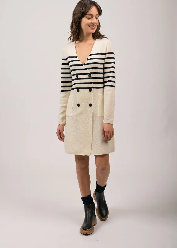 Royale striped dress in wool - crossed V neck (ECUME/NAVY)