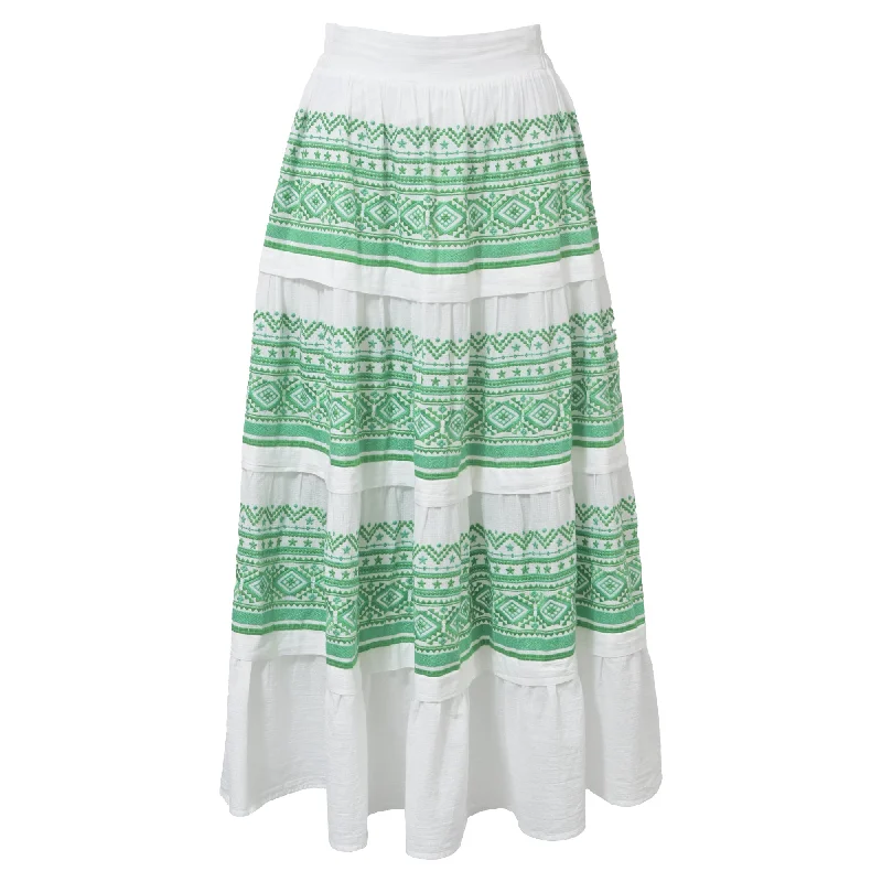 Maje Tiered Embroidered Midi Skirt in White and Green Cotton