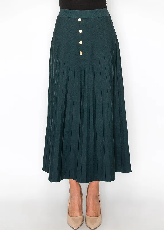 Green Pleated Midi Skirt with Button Accents