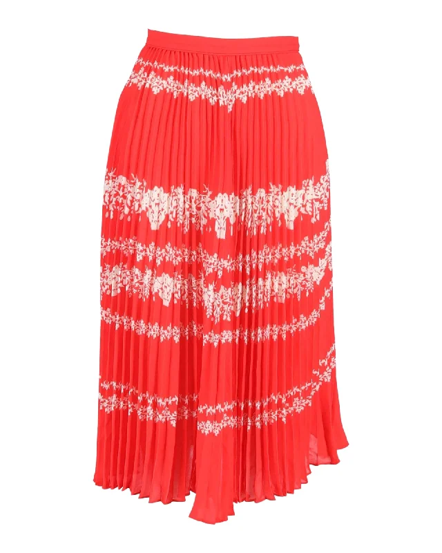 Self-Portrait Pleated Floral Midi Skirt in Red Polyester