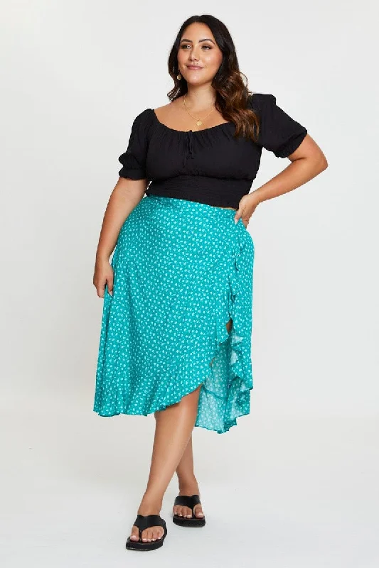 Floral Print Midi Skirt Ruffle Hem