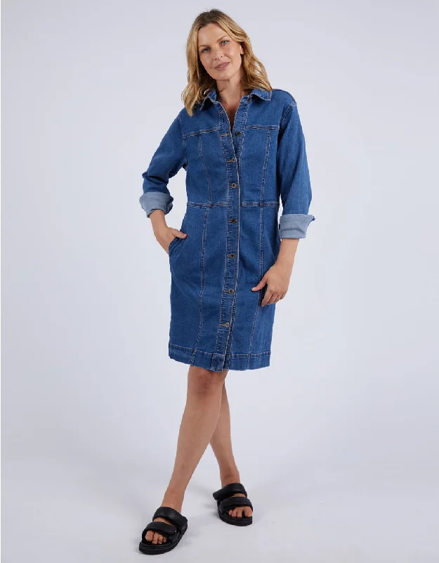 Gwen Long Sleeve Denim Dress - Mid Blue Wash