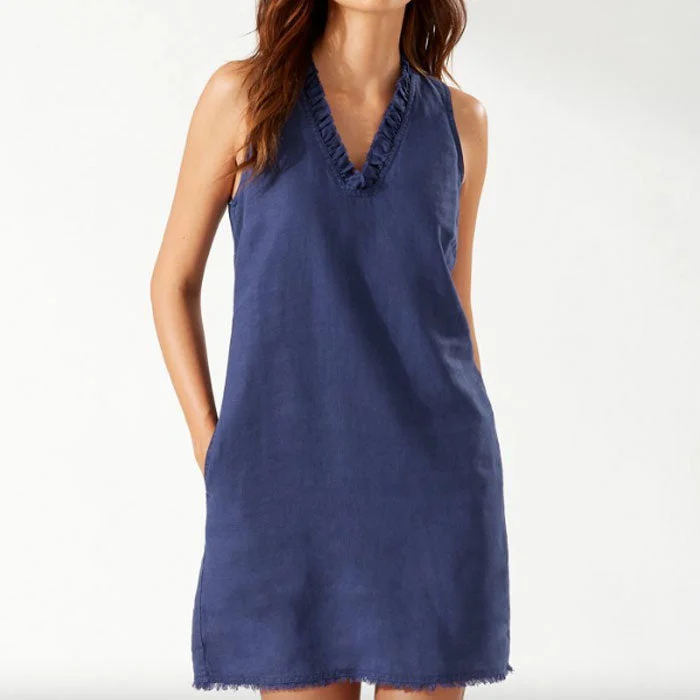 Tommy Bahama Two Palms Ruffle Linen Shift Dress - Island Navy