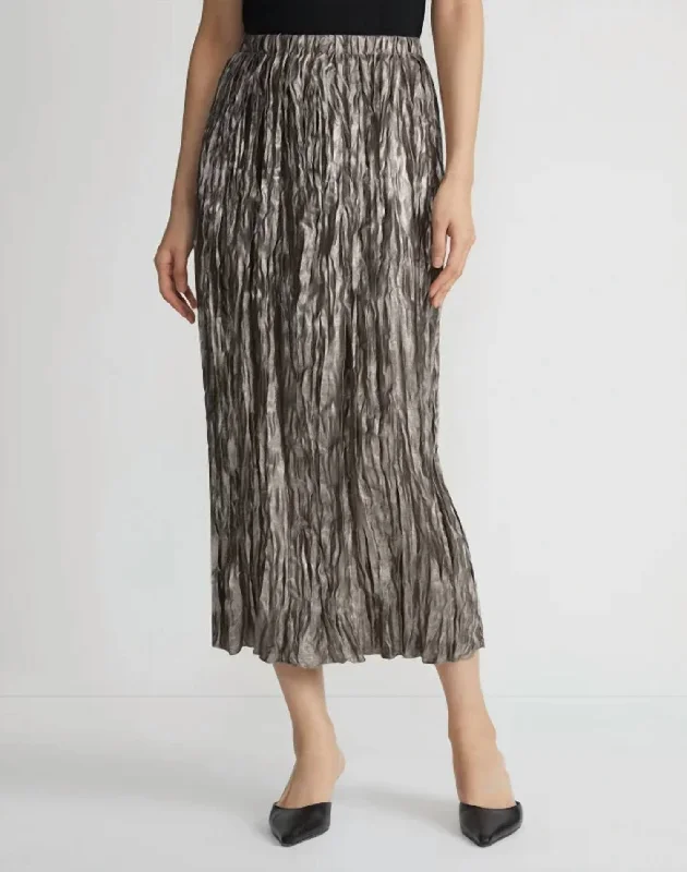 Metallic Plissé Midi Skirt In Pewter Metallic