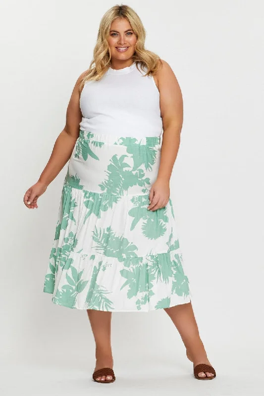 Floral Print Midi Skirt Elastic Waist