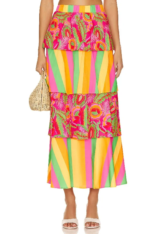 Full Swing Midi Skirt In Neon Stripe