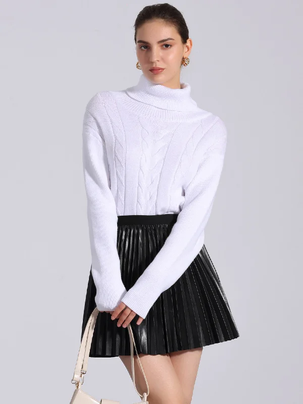 Faux Leather Elastic Waist A-line Pleated Mini Skirt