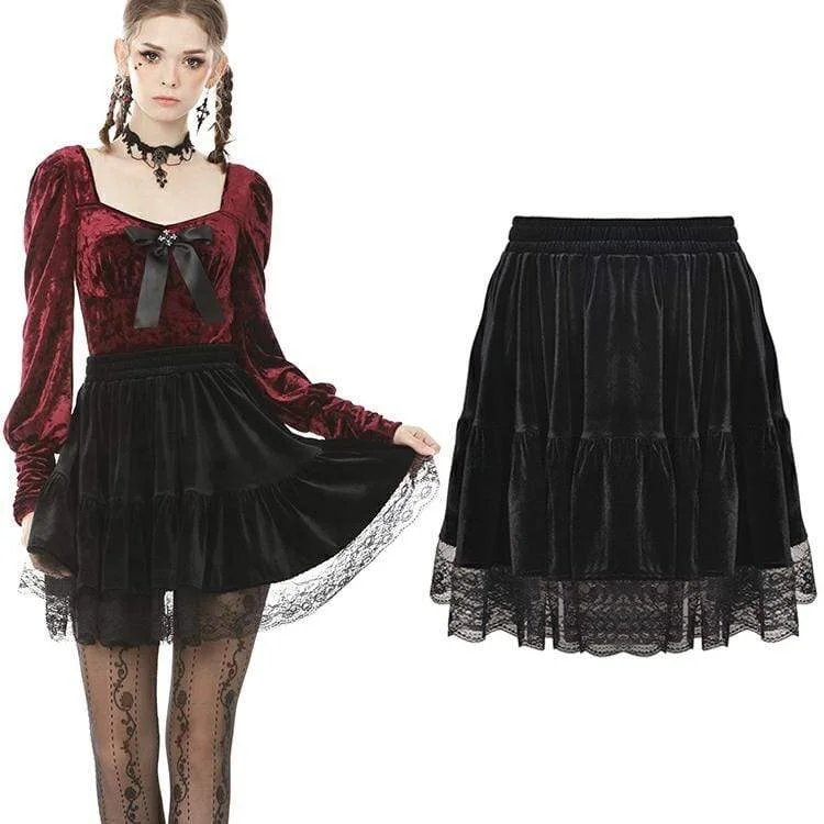 Women's Vintage Gothic Ruffles Velet Mini Skirts with Lace Hem