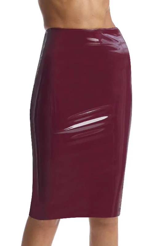 Faux Patent Leather Midi Skirt In Burgundy