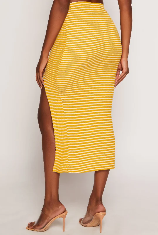 Ribbed Knit Striped Side Slit Midi Skirt