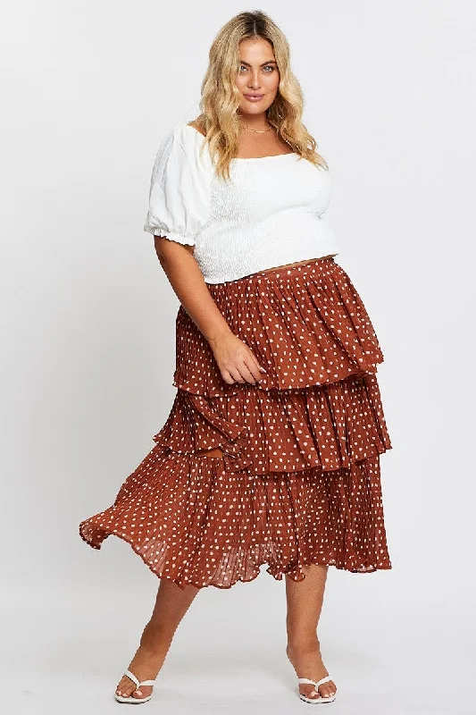 Brown High Waist Frill Tiered Midi Skirt