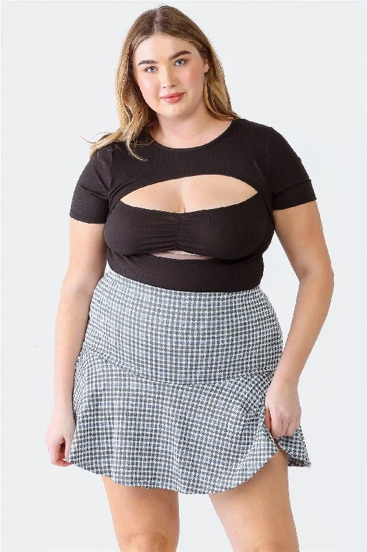 Plus Size Blue Plaid High Waist Flare Hem Mini Skirt