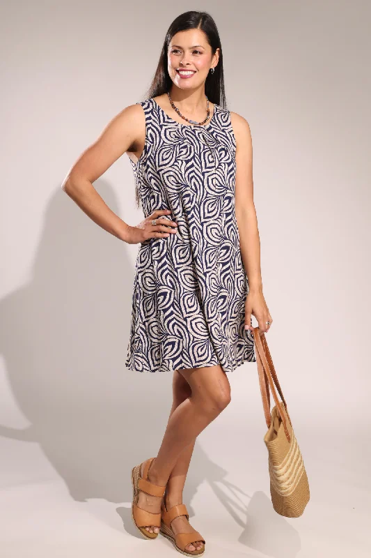 100% Rayon Dress | Natural Navy Leaf | 7335A1