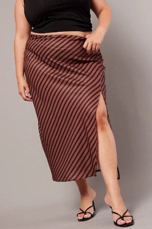 Brown Stripe Stripe Split Midi Skirt