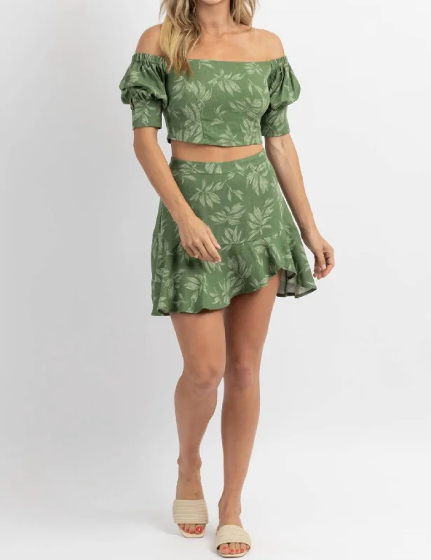 Botanical Ruffled Hem Skirt Set In Green